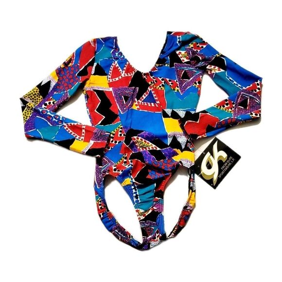 GK Elite VTG 90s Pop Culture Geometric LS Cotton Leotard Bodysuit AXS Adult XS - Picture 2 of 11